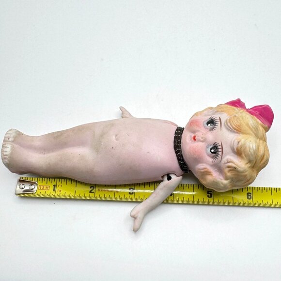Bisque Vtg Porcelain Doll Pink Bow & Painted Face Made In Japan 6 Inches - Picture 5 of 11